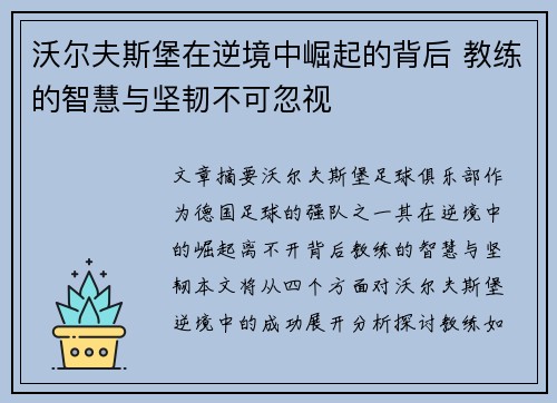沃尔夫斯堡在逆境中崛起的背后 教练的智慧与坚韧不可忽视