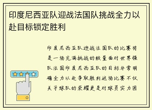 印度尼西亚队迎战法国队挑战全力以赴目标锁定胜利