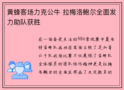黄蜂客场力克公牛 拉梅洛鲍尔全面发力助队获胜