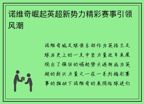 诺维奇崛起英超新势力精彩赛事引领风潮