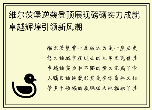 维尔茨堡逆袭登顶展现磅礴实力成就卓越辉煌引领新风潮