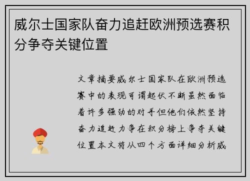 威尔士国家队奋力追赶欧洲预选赛积分争夺关键位置